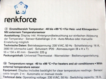 Universalthermostat Zwischenstecker -40 bis 99 °C renkforce UT300